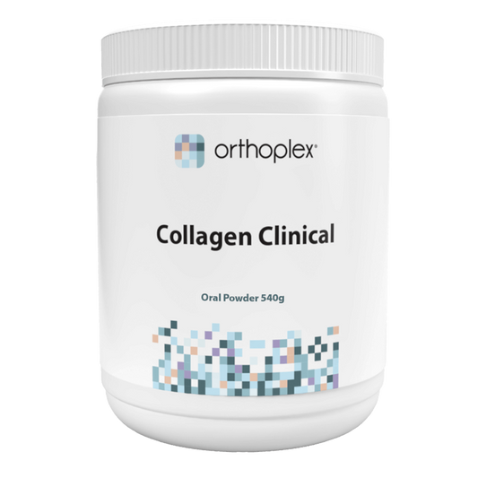 Orthoplex Collagen Clinical 540g powder — white tub with Orthoplex branding on a clean white background