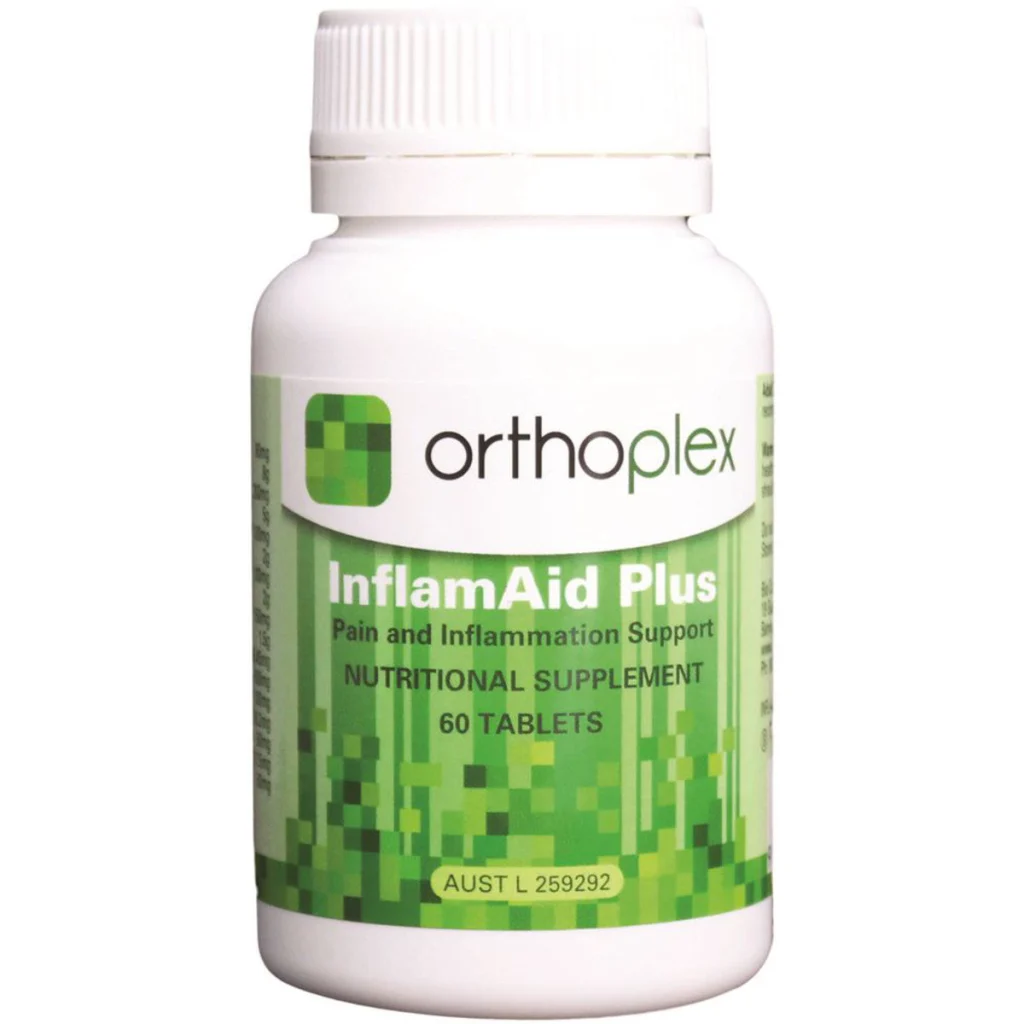 Orthoplex InflamAid Plus nutritional supplement bottle on a white background