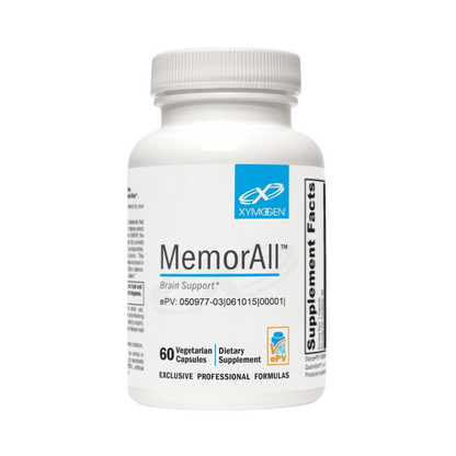 MemorAll supplement bottle with Xymogen logo on a white background