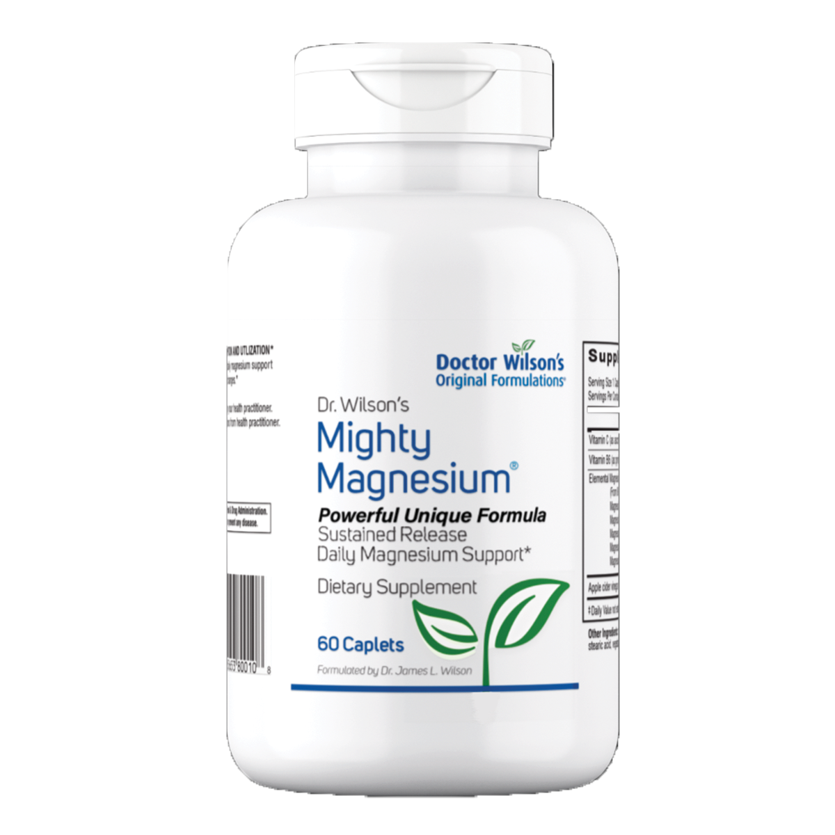 Supplement bottle labeled 'Mighty Magnesium' by Doctor Wilson on a white background