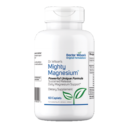 Supplement bottle labeled 'Mighty Magnesium' by Doctor Wilson on a white background
