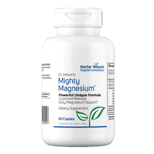 Supplement bottle labeled 'Mighty Magnesium' by Doctor Wilson on a white background