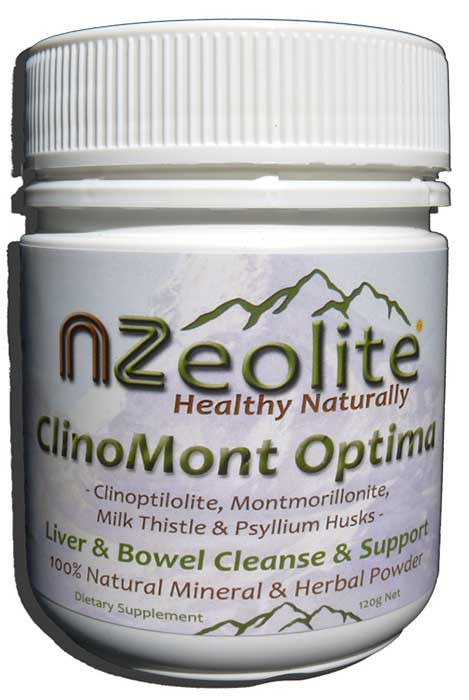 Nzeolite ClinoMont Optima dietary supplement jar on a white background
