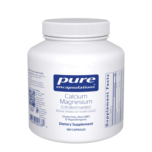 White supplement bottle labeled 'pure encapsulations' on a white background