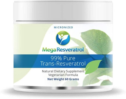 Mega Resveratrol supplement container with green leaves on a white background