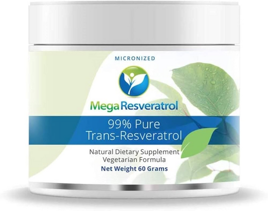 Mega Resveratrol supplement container with green leaves on a white background