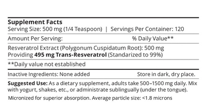 Supplement facts label for Resveratrol Extract with serving size, servings per container, and inactive ingredients.