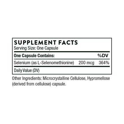 Supplement facts label for a selenium supplement capsule on a white background