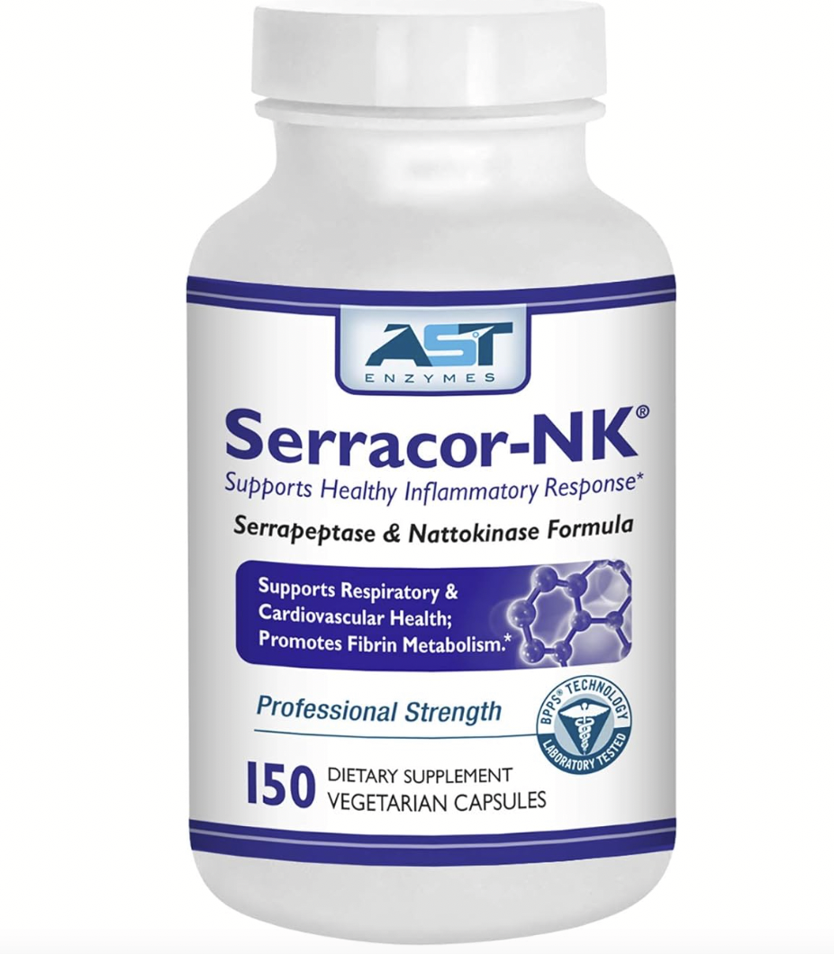 Supplement bottle labeled 'Serracor-NK' by AST Enzymes on a white background