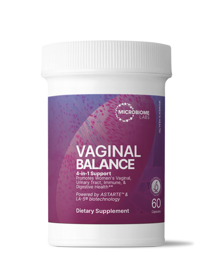 Dietary supplement container labeled 'Vaginal Balance' by Microbiome Labs on a white background.