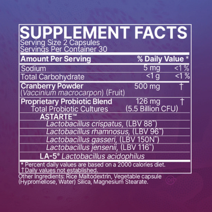 Supplement facts label with detailed nutritional information on a purple background