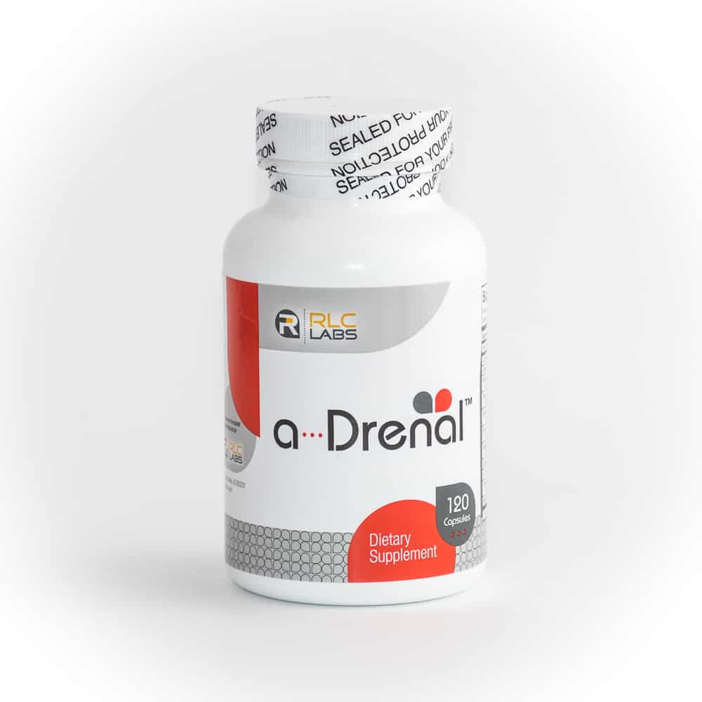 A bottle of a-Drenal dietary supplements with red and grey label, 120 capsules.
