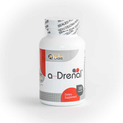 A bottle of a-Drenal dietary supplements with red and grey label, 120 capsules.