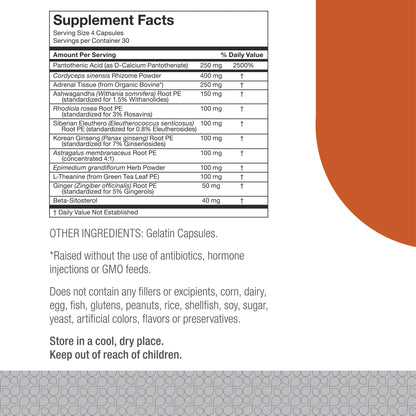 Supplement facts for a-Drenal with a white background