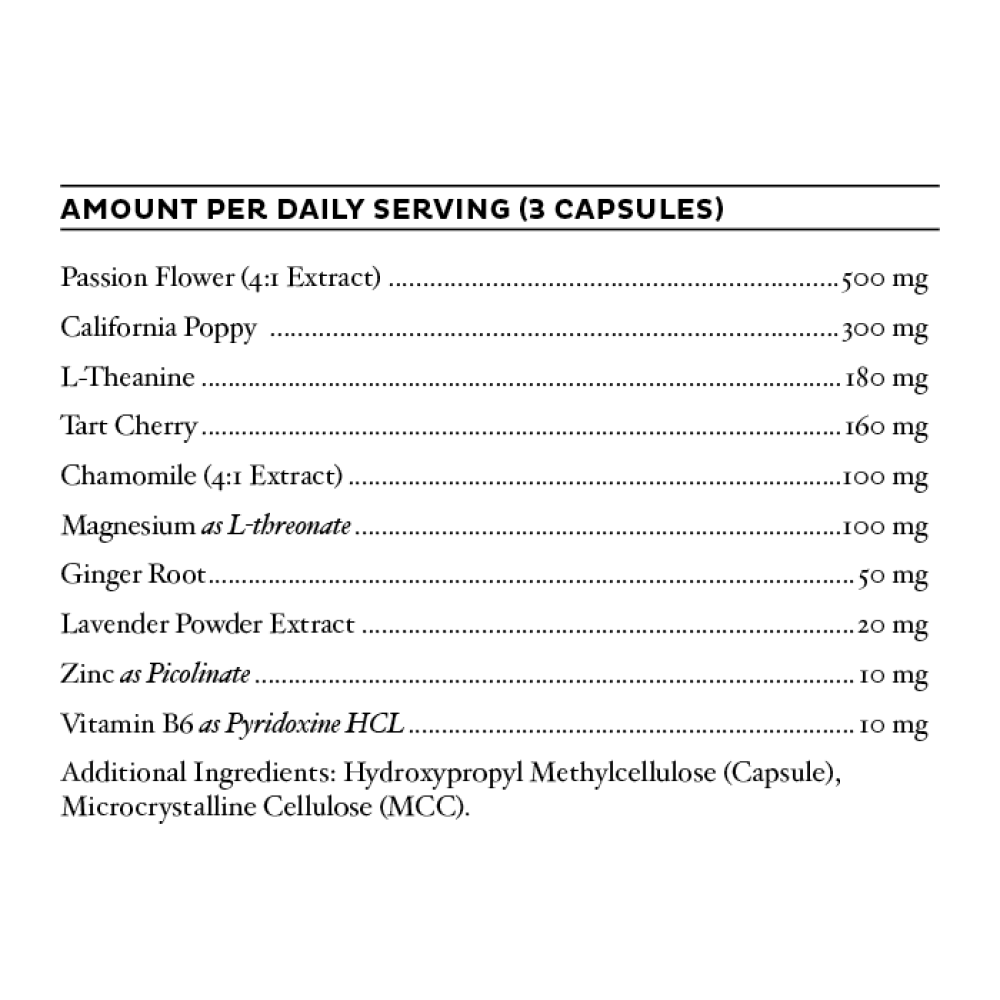 BePure Deep Sleep supplement facts – passionflower chamomile tart cherry magnesium bisglycinate zinc B6