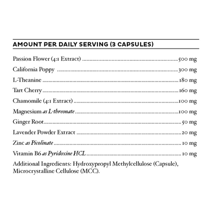 BePure Deep Sleep supplement facts – passionflower chamomile tart cherry magnesium bisglycinate zinc B6