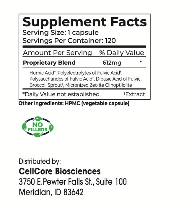 CellCore HM-ET Binder supplement facts – BioActive Carbon BC4 humic fulvic acid micronised zeolite broccoli sprout