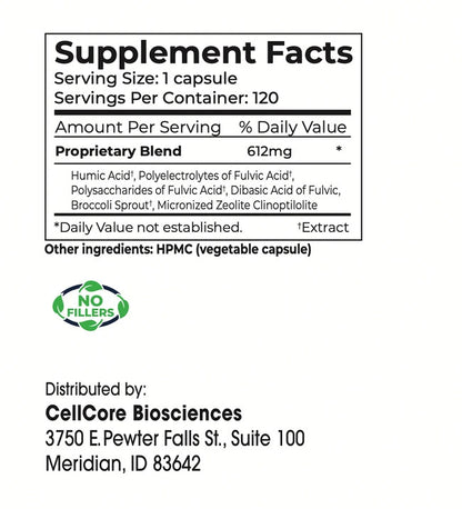 CellCore HM-ET Binder supplement facts – BioActive Carbon BC4 humic fulvic acid micronised zeolite broccoli sprout