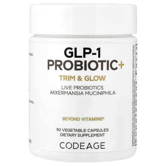 Codeage GLP-1 Probiotic+ 90 capsule bottle, a three-strain probiotic with Akkermansia muciniphila and chicory inulin, shown upright against a plain background.