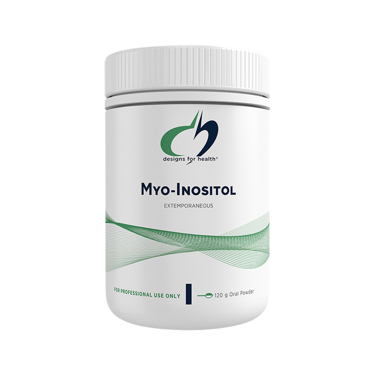 Designs for Health Inositol Powder 120g unflavoured — white tub with blue and white label on a clean white background