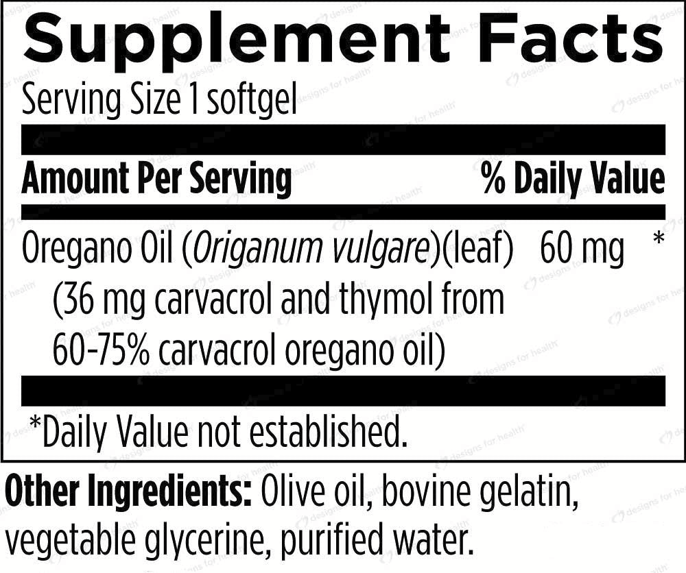 Designs for Health Oil of Oregano supplement facts panel — Origanum vulgare leaf oil 60 mg, standardised to 36 mg carvacrol and thymol