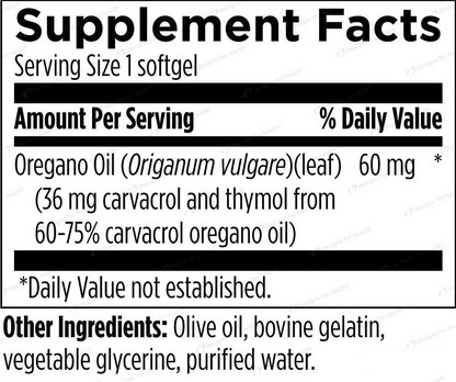 Designs for Health Oil of Oregano supplement facts panel — Origanum vulgare leaf oil 60 mg, standardised to 36 mg carvacrol and thymol