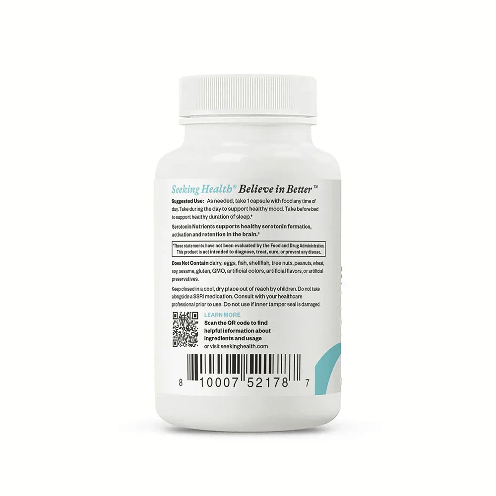 Seeking Health Serotonin Nutrients back label showing suggested use, allergen-free statement and storage cautions on a white bottle