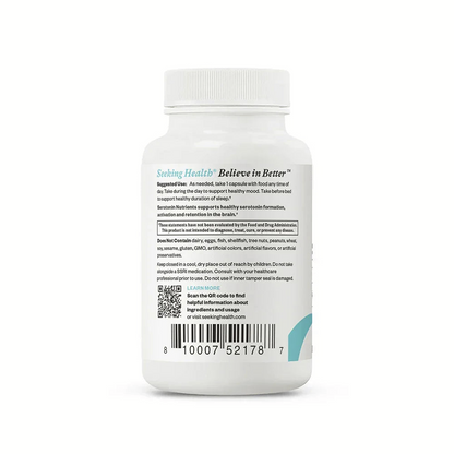 Seeking Health Serotonin Nutrients back label showing suggested use, allergen-free statement and storage cautions on a white bottle