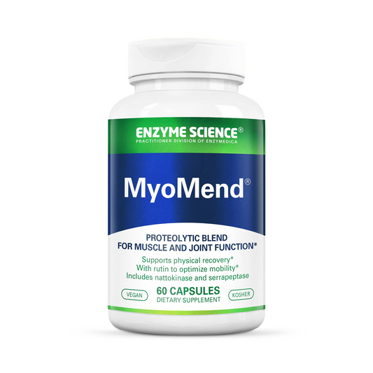 front Enzyme Science MyoMend 60 capsule bottle, a proteolytic enzyme blend for muscle and joint function, shown upright against a plain background.