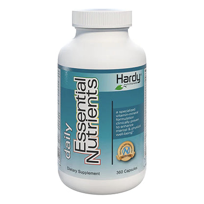 A bottle of 'Daily Essential Nutrients' dietary supplement by Hardy, containing 360 capsules.