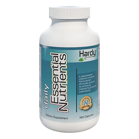 A bottle of 'Daily Essential Nutrients' dietary supplement by Hardy, containing 360 capsules.