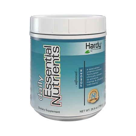A bottle of 'Daily Essential Nutrients' powder dietary supplement by Hardy Nutritionals