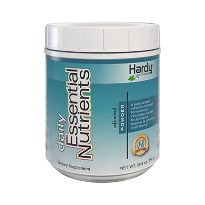 A bottle of 'Daily Essential Nutrients' powder dietary supplement by Hardy Nutritionals