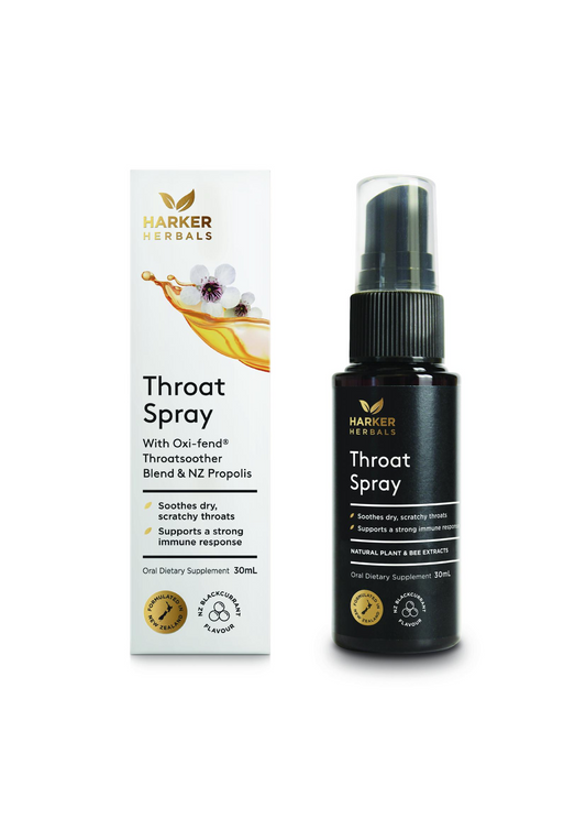 Harker Herbals Propolis Throat Spray 30ml — amber glass spray bottle with label on a clean white background