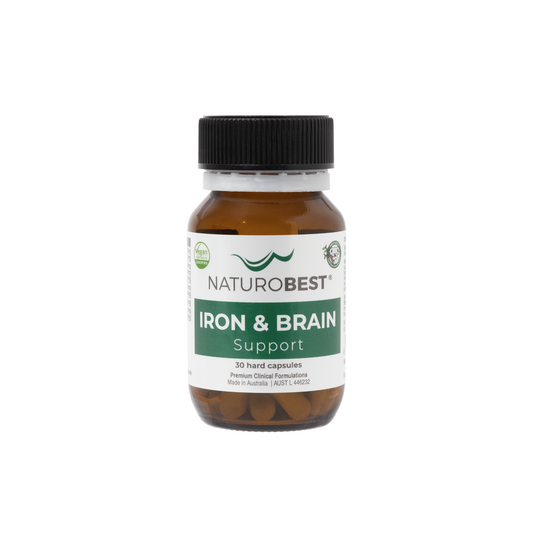 NaturoBest Iron & Brain Support 30 capsules front of bottle — iron bisglycinate choline vitamin B12 folate vitamin C