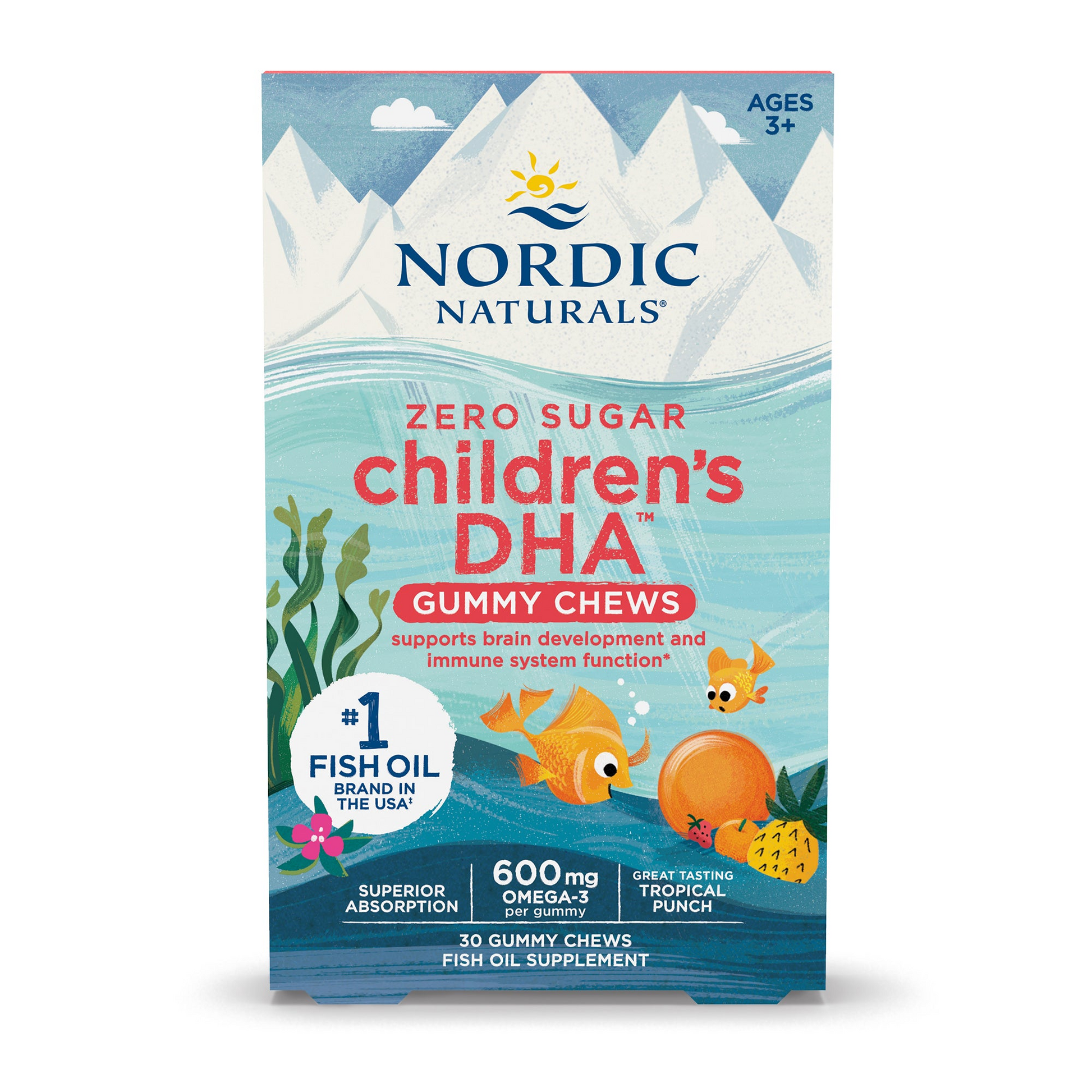 Nordic Naturals Children's DHA Gummy Chews box, 30 tropical punch gummies, front view