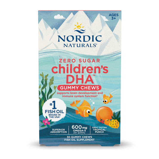 Nordic Naturals Children's DHA Gummy Chews box, 30 tropical punch gummies, front view