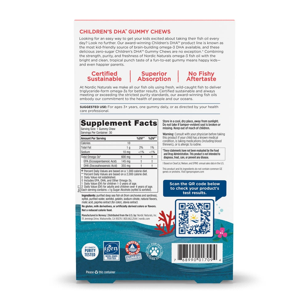 Nordic Naturals Children's DHA Gummy Chews supplement facts label showing 600 mg omega-3 per gummy