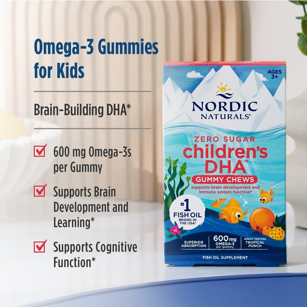 Nordic Naturals Zero Sugar Children's DHA Gummy Chews box beside key benefits: 600 mg omega-3 per gummy, supports brain development and cognitive function, ages 3+