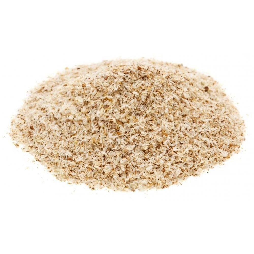 Small pile of certified organic psyllium husk powder with white background, unflavoured pure soluble fibre