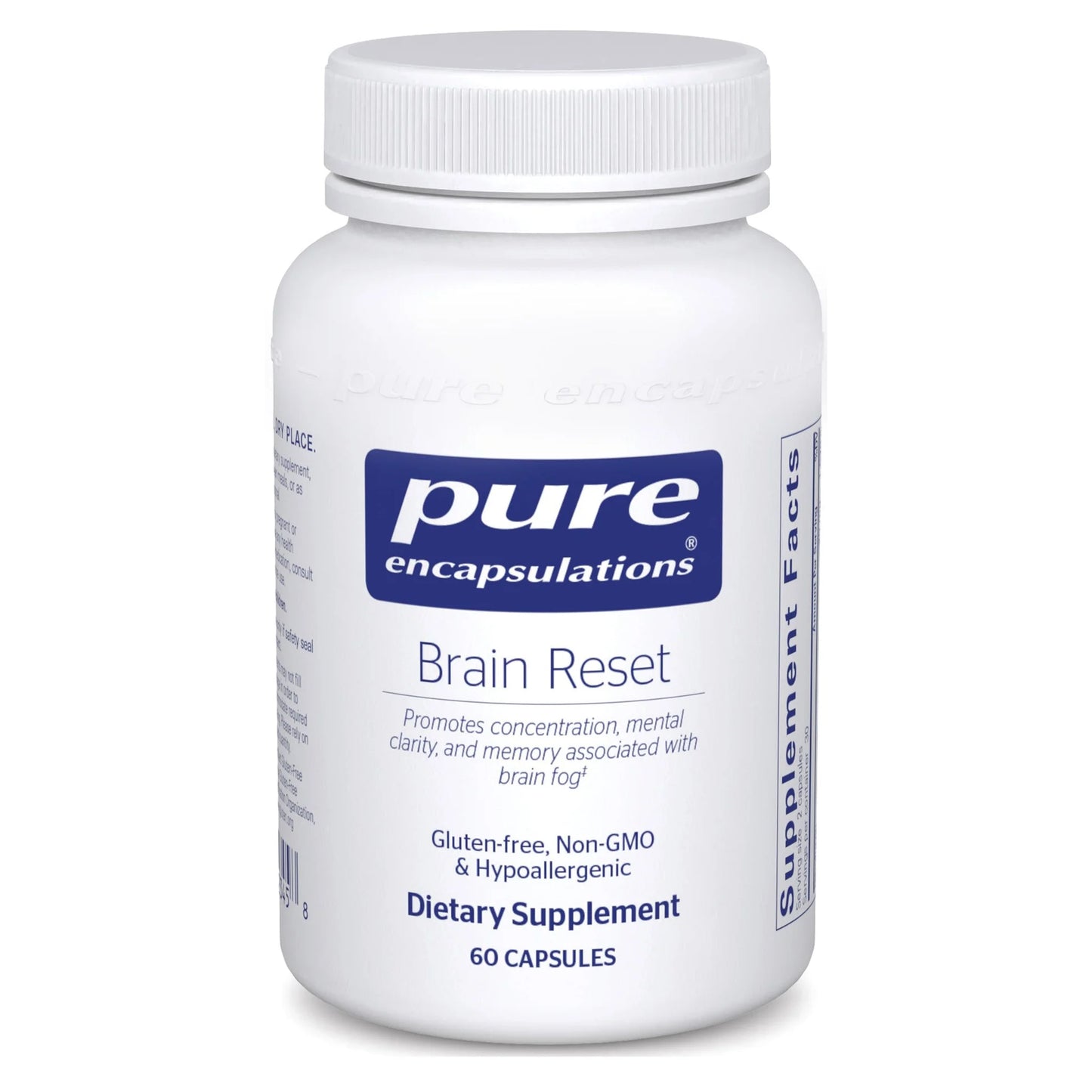 A bottle of Pure Encapsulations Brain Reset dietary supplement with 60 capsules, labeled as gluten-free, non-GMO, and hypoallergenic.