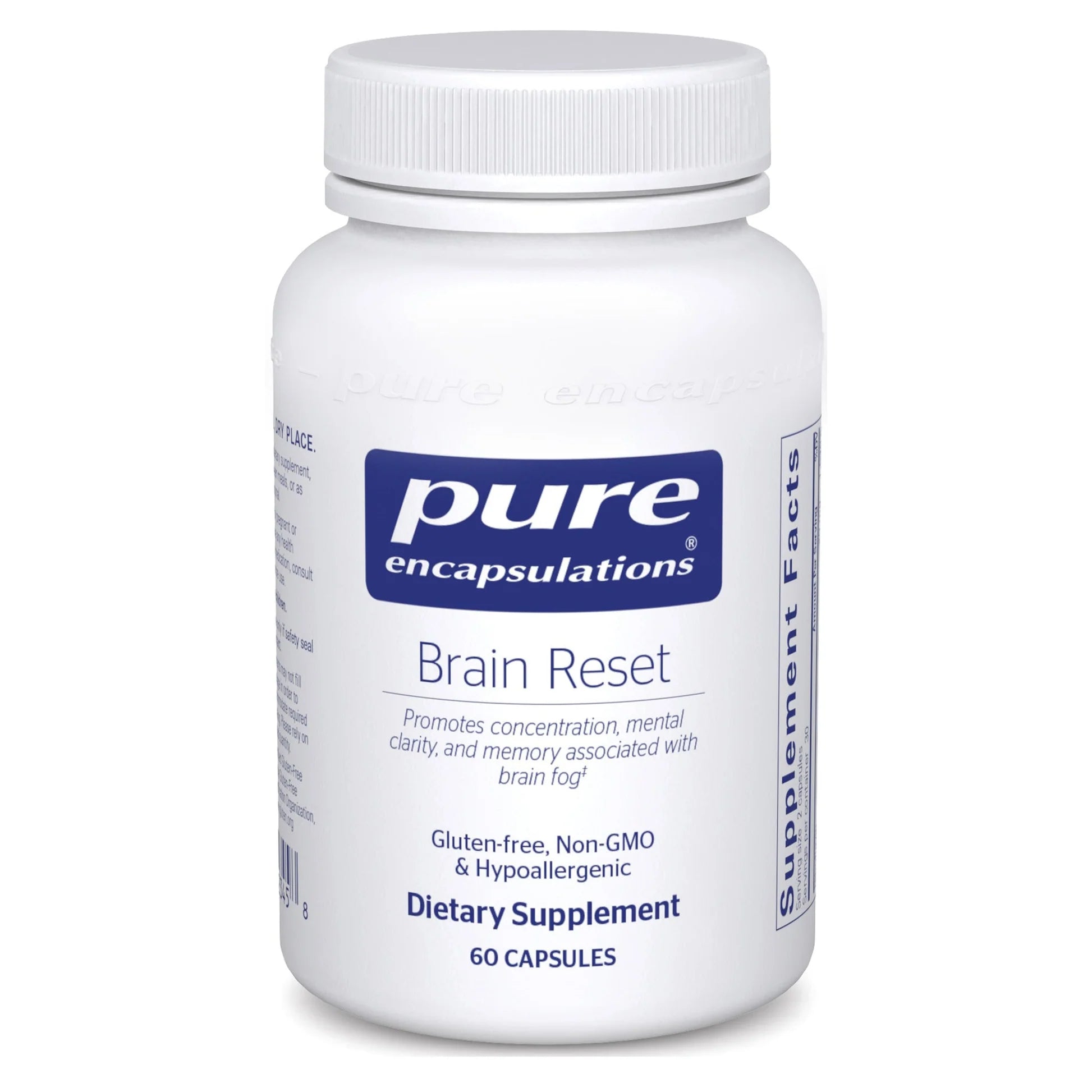 A bottle of Pure Encapsulations Brain Reset dietary supplement with 60 capsules, labeled as gluten-free, non-GMO, and hypoallergenic.