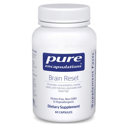A bottle of Pure Encapsulations Brain Reset dietary supplement with 60 capsules, labeled as gluten-free, non-GMO, and hypoallergenic.