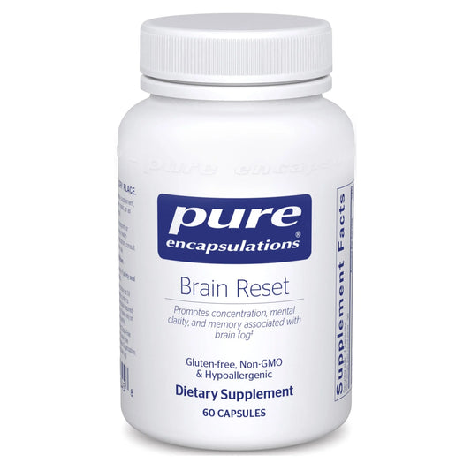A bottle of Pure Encapsulations Brain Reset dietary supplement with 60 capsules, labeled as gluten-free, non-GMO, and hypoallergenic.