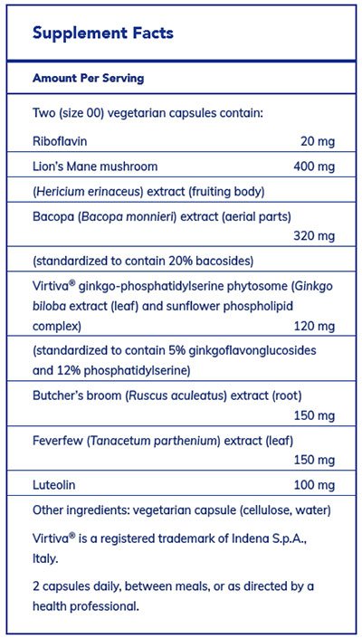 Pure Encapsulations Brain Reset supplement facts – Virtiva ginkgo-phosphatidylserine phytosome, Lion's Mane, luteolin