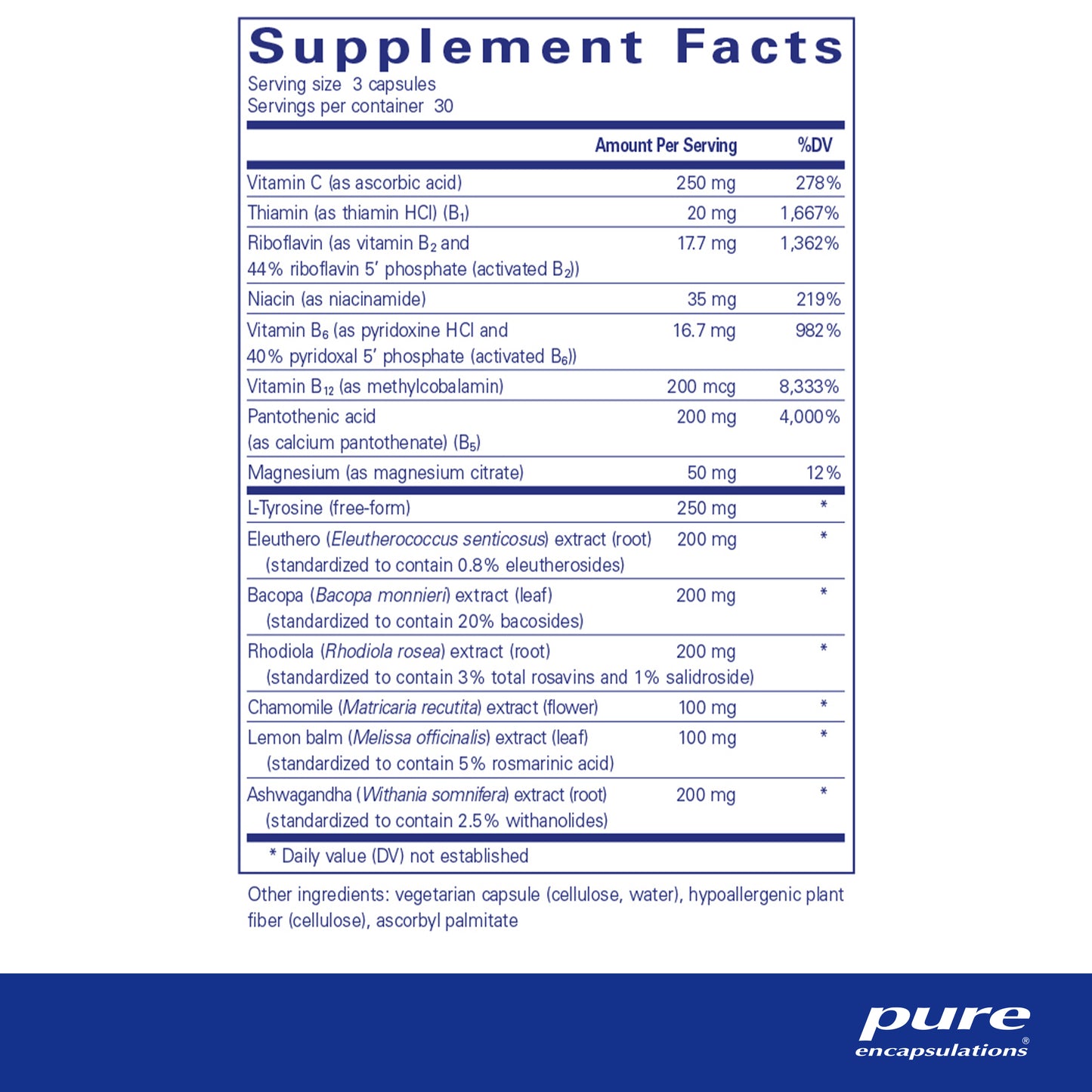 Pure Encapsulations Daily Stress Formula supplement facts – Rhodiola, Bacopa, Eleutherococcus, B vitamins and magnesium