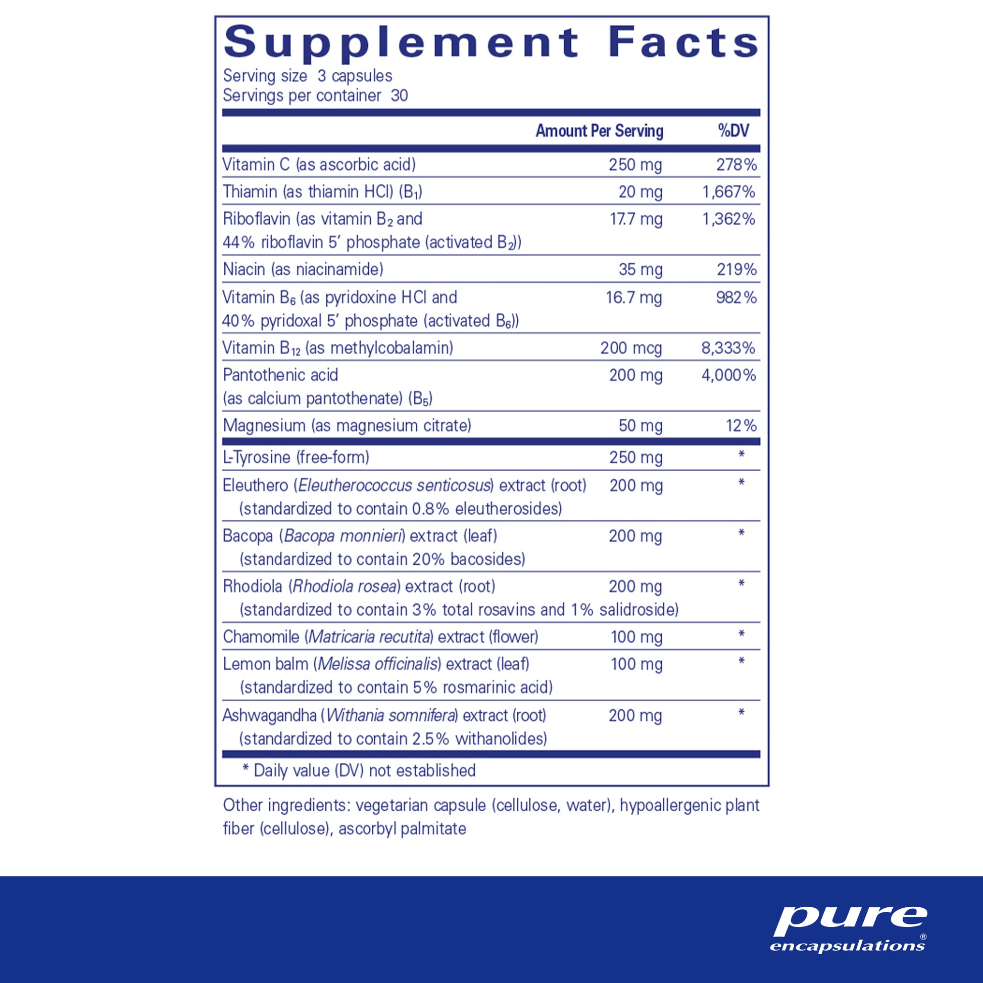 Pure Encapsulations Daily Stress Formula supplement facts – Rhodiola, Bacopa, Eleutherococcus, B vitamins and magnesium