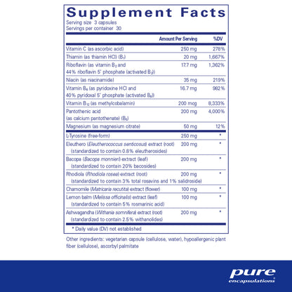 Pure Encapsulations Daily Stress Formula supplement facts – Rhodiola, Bacopa, Eleutherococcus, B vitamins and magnesium