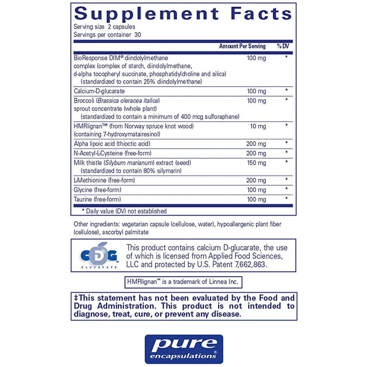 Pure Encapsulations DIM Detox supplement facts – BioResponse DIM calcium D-glucarate milk thistle alpha lipoic acid