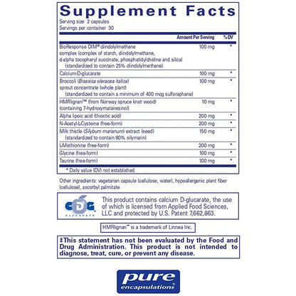 Pure Encapsulations DIM Detox supplement facts – BioResponse DIM calcium D-glucarate milk thistle alpha lipoic acid